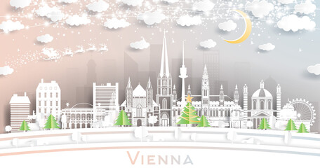 Vienna Austria City Skyline in Paper Cut Style with Snowflakes, Moon and Neon Garland.
