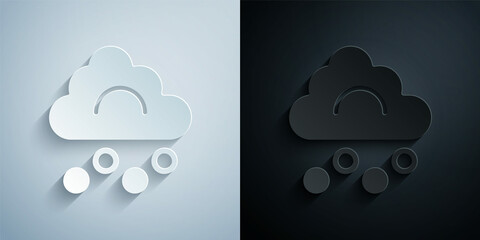 Paper cut Hail cloud icon isolated on grey and black background. Paper art style. Vector