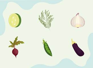 six fresh vegetables icons