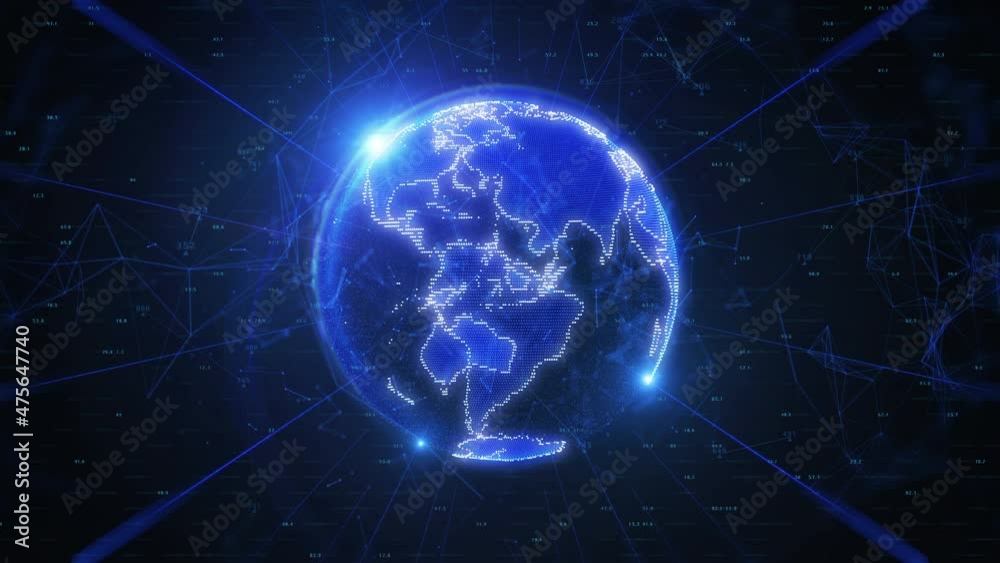 Leinwandbilder Digital Blue Spinning Earth Communication Technology Global Network. Polygon Geometric Plexus Line Element Data Connection 4K Motion Background.