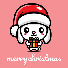 cute dog character celebrating christmas holding gift box