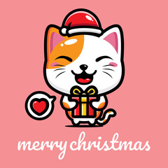 cute lucky cat character celebrating christmas holding gift box