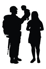 Soldier family with dad mom and son silhouette vector, happy warrior come back to his home.