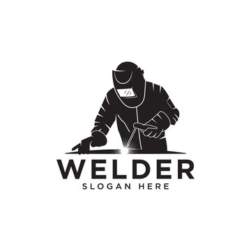 Welder working with weld helmet in badge design style