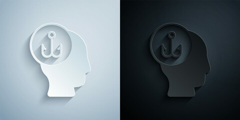 Paper cut Fisherman icon isolated on grey and black background. Paper art style. Vector