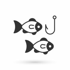Grey Fishing hook under water with fish icon isolated on white background. Fishing tackle. Vector