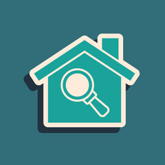 Green Search house icon isolated on green background. Real estate symbol of a house under magnifying glass. Long shadow style. Vector