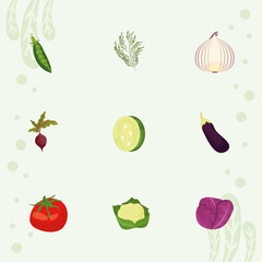 nine fresh vegetables icons