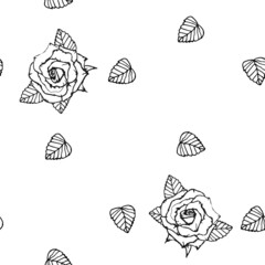 Hand drawn rose flower and leaves seamless pattern isolated on white background. Vector illustration for fabric, textile and more.