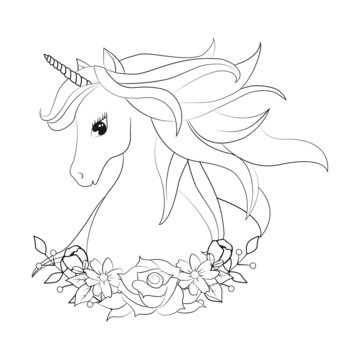 Cute unicorn with flowers. Black and white vector illustration isolated for coloring book.