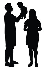 A family with mom dad and baby silhouette vector, happy people.