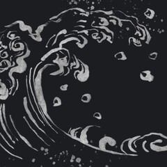 海や波のイメージの銀色の線画の抽象背景　正方形　荒波　黒背景　和風　筆　ダイナミック
