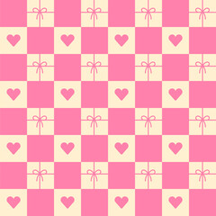 Cute Valentines Day Bow Ribbon Gift Box Present Heart Love Sweet Element Cream Beige Ivory Pink Checkered Gingham Pattern Cartoon Illustration, Mat, Fabric, Textile, Scarf, Wrapping Paper