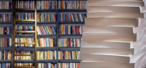 book pages stacked in front of blurred library background