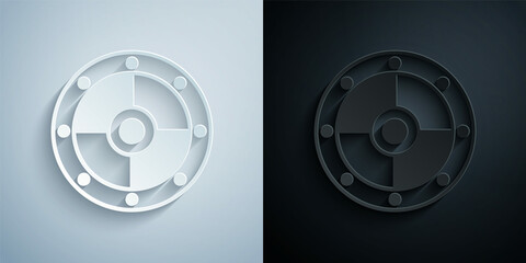 Fototapeta premium Paper cut Round shield icon isolated on grey and black background. Security, safety, protection, privacy, guard concept. Paper art style. Vector