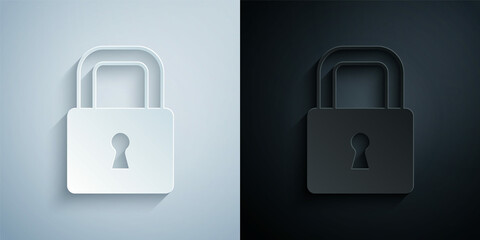 Paper cut Lock icon isolated on grey and black background. Padlock sign. Security, safety, protection, privacy concept. Paper art style. Vector