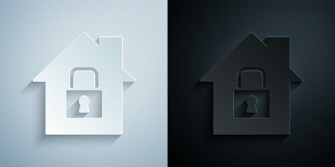 Paper cut House under protection icon isolated on grey and black background. Home and lock. Protection, safety, security, protect, defense concept. Paper art style. Vector
