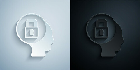 Paper cut Lock icon isolated on grey and black background. Padlock sign. Security, safety, protection, privacy concept. Paper art style. Vector