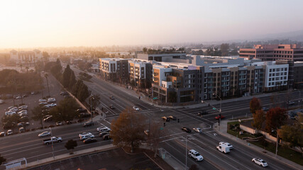 Fototapeta na wymiar Sunset aerial view of downtown Brea, California, USA.