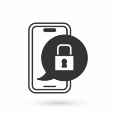Grey Smartphone with closed padlock icon isolated on white background. Phone with lock. Mobile security, safety, protection concept. Vector