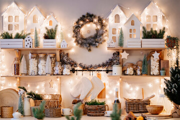 Christmas decor. electric garlands on decorated in kitchen for new year. 
