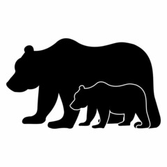 Wild Animal Big bear with a small bear cub, black isolated silhouette icon
