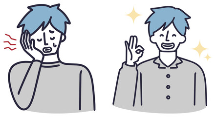 虫歯が痛む男性　ビフォーアフター　シンプルイラスト