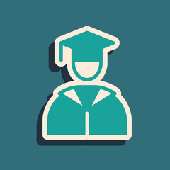 Green Graduate and graduation cap icon isolated on green background. Long shadow style. Vector