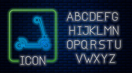 Glowing neon Roller scooter for children icon isolated on brick wall background. Kick scooter or balance bike. Neon light alphabet. Vector