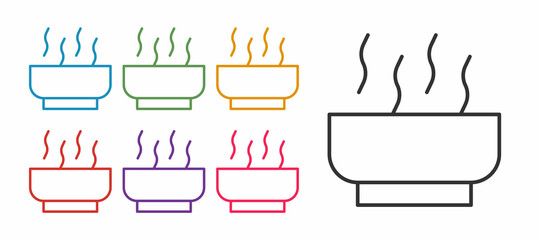 Set line Ramen soup bowl with noodles icon isolated on white background. Bowl of traditional asian noodle soup. Set icons colorful. Vector