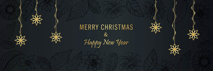 Merry Christmas and Happy New Year, Winter holidays background with flowers, leaves, and snowflakes. Floral Banner or flyer with golden stars. Happy new year greeting.