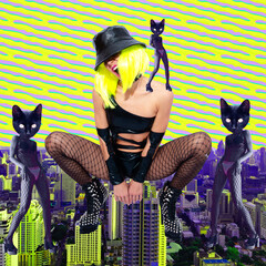 Collage with sexy swag Model and clubbing Kitty in megalopolis space.Modern, Contemporary colorful...