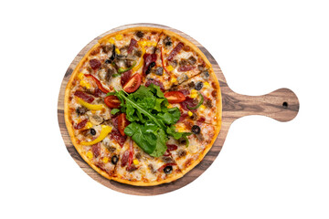 Delicious pizza served on wooden plate. Isolated white background. Top view