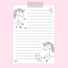 Cute planner and notebook design with unicorn. Vector print. Unicorn and magic.