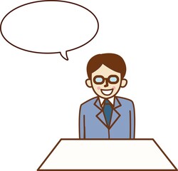 話をするメガネをかけた笑顔の男性。