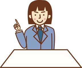 指を差すスーツ姿の女性。