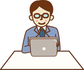 座ってタブレットを持つスーツ姿の男性。