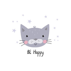 Be happy lettering. Cute little cat- vector illustration. Fun print for baby with character cat.