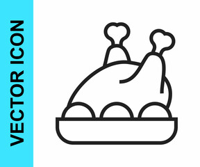 Black line Roasted turkey or chicken icon isolated on white background. Merry Christmas and Happy New Year. Vector