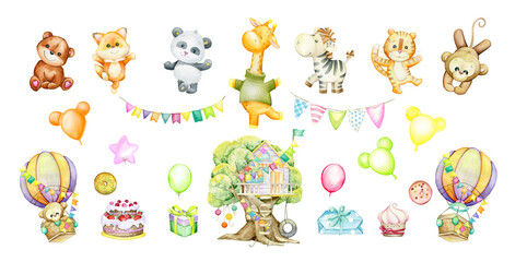 panda, fox, bear, giraffe, monkey, zebra, tiger, balloon, tree house. Watercolor set, on an isolated background, in cartoon style.