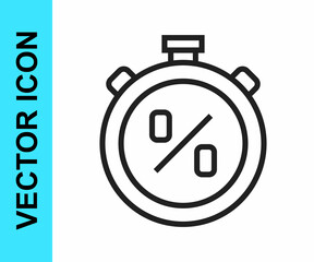 Black line Stopwatch with percent discount icon isolated on white background. Time timer sign. Vector