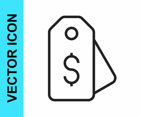 Black line Price tag with dollar icon isolated on white background. Badge for price. Sale with dollar symbol. Promo tag discount. Vector