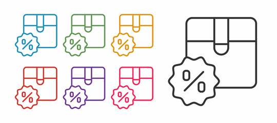 Set line Carton cardboard box with discount percent tag icon isolated on white background. Box, package, parcel sign. Delivery and packaging. Set icons colorful. Vector