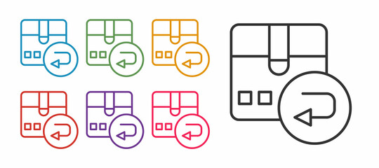 Set line Return cardboard box icon isolated on white background. Box, package, parcel sign. Delivery and packaging. Set icons colorful. Vector