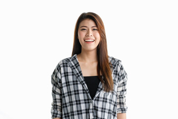 Fototapeta premium Portrait isolated closeup studio shot of Asian happy cheerful beautiful pretty long hair female model in black and gray plaid shirt wearing makeup standing smiling look at camera on white background