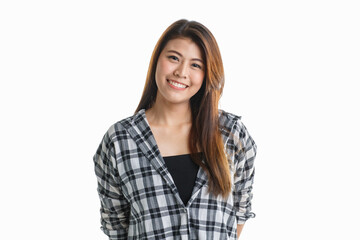 Portrait isolated closeup studio shot of Asian happy cheerful beautiful pretty long hair female model in black and gray plaid shirt wearing makeup standing smiling look at camera on white background