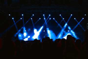 Fototapeta na wymiar Concert background. Silhouette of crowd in the concert background photo.