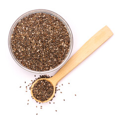 Glass bowl of organic natural chia seeds close-up isolated
