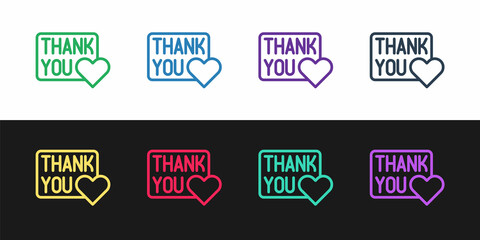 Set line Thank you with heart icon isolated on black and white background. Handwritten lettering. Vector