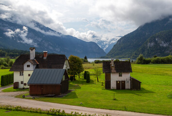 Fototapeta na wymiar beautiful landscapes with mountains and clouds , pictures of Hallstatt city in Austria 